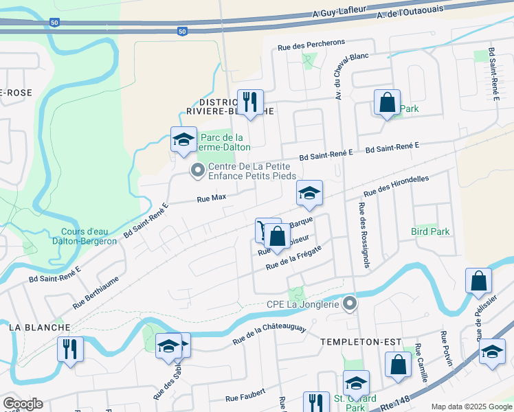map of restaurants, bars, coffee shops, grocery stores, and more near Rue du Campagnard in Gatineau