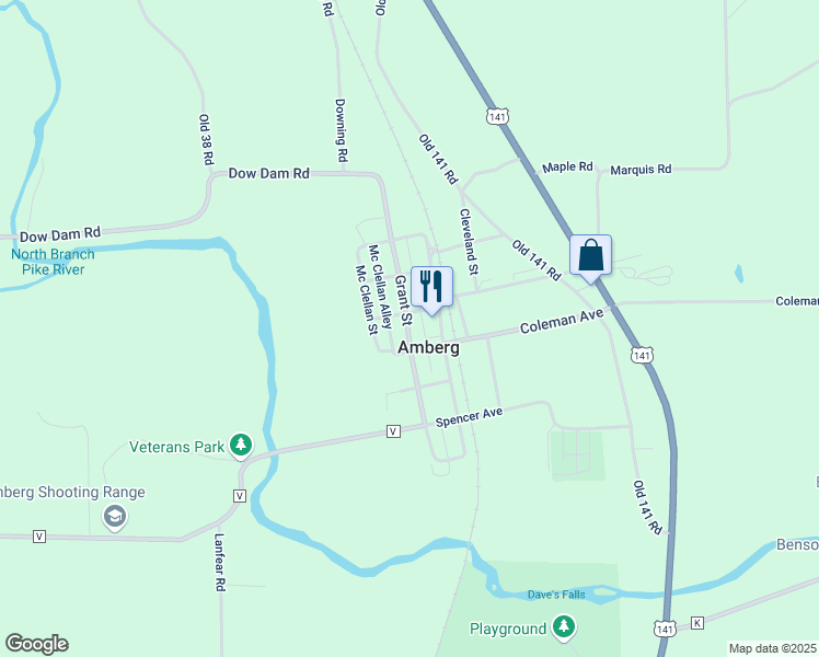 map of restaurants, bars, coffee shops, grocery stores, and more near Grant Street in Amberg