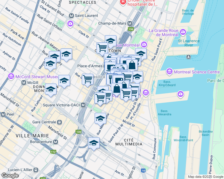 map of restaurants, bars, coffee shops, grocery stores, and more near 249 Rue Saint-Jacques in Montréal