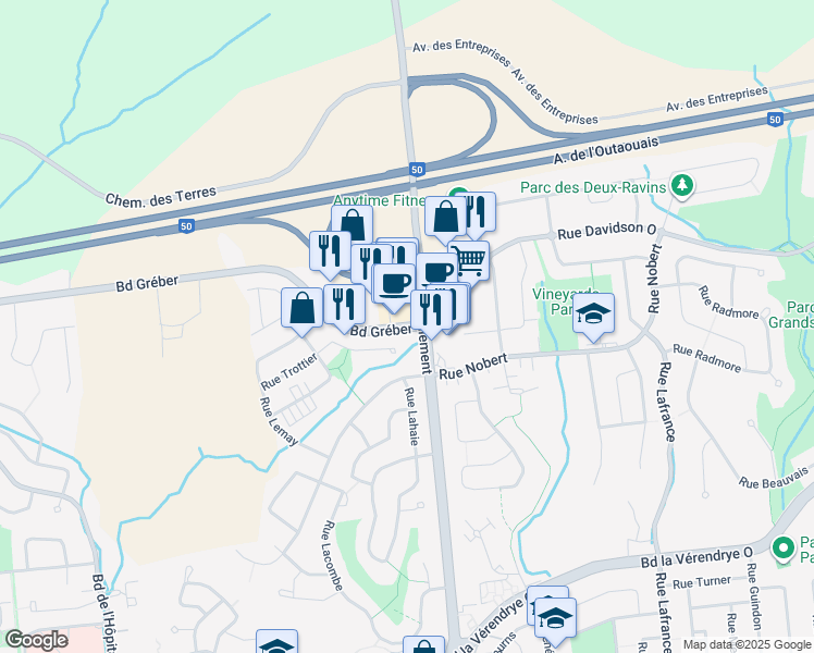 map of restaurants, bars, coffee shops, grocery stores, and more near 1534 Boulevard Gréber in Gatineau
