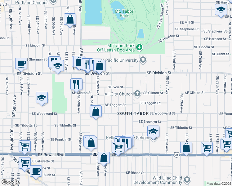 map of restaurants, bars, coffee shops, grocery stores, and more near 6522 Southeast Ivon Street in Portland