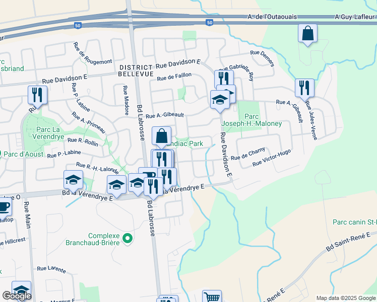 map of restaurants, bars, coffee shops, grocery stores, and more near 195 Rue de Malartic in Gatineau