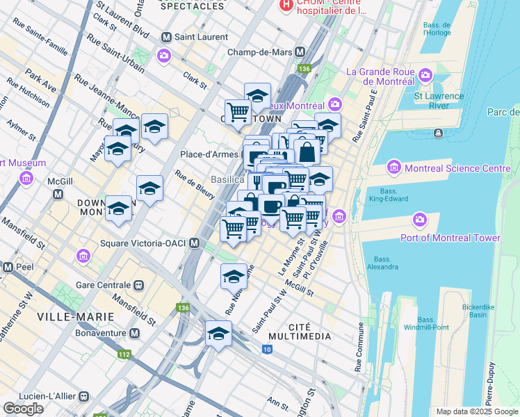 map of restaurants, bars, coffee shops, grocery stores, and more near 220 Rue Saint-Jacques in Montréal