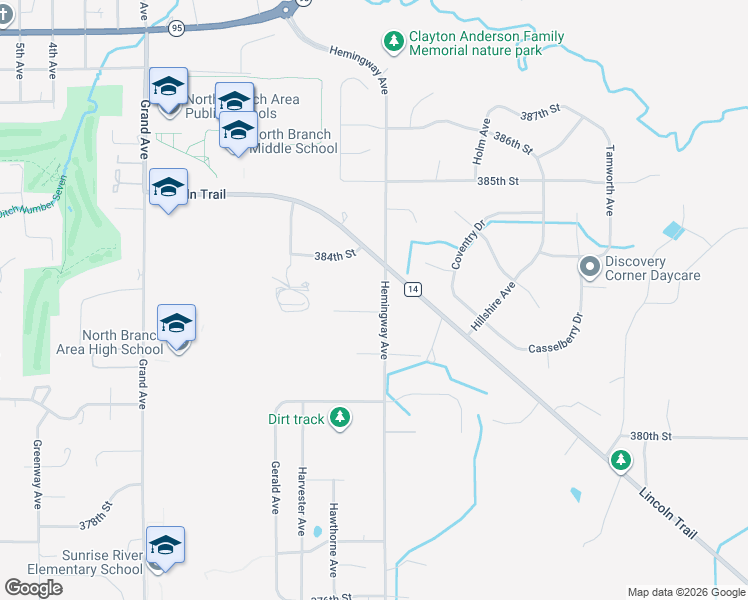 map of restaurants, bars, coffee shops, grocery stores, and more near 7271 384th Street in North Branch