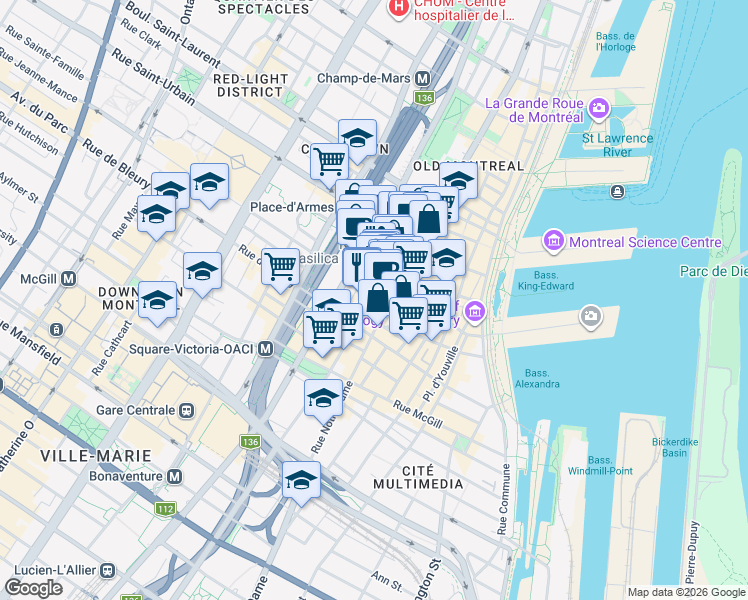 map of restaurants, bars, coffee shops, grocery stores, and more near in Montreal