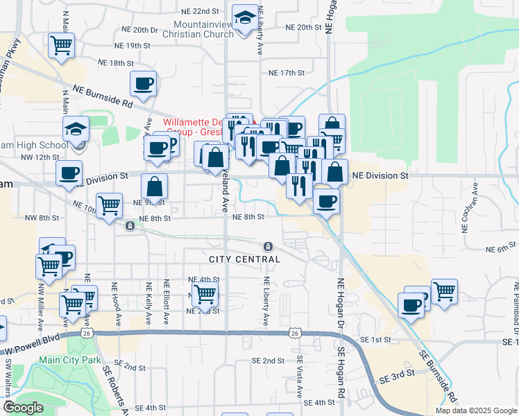 map of restaurants, bars, coffee shops, grocery stores, and more near 1190 Northeast Division Street in Gresham