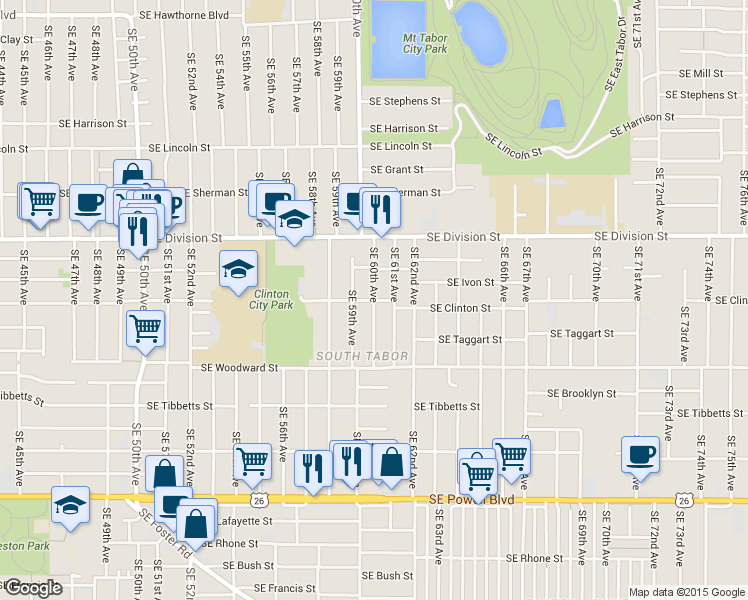 map of restaurants, bars, coffee shops, grocery stores, and more near SE Clinton St & SE 60th Ave in Portland