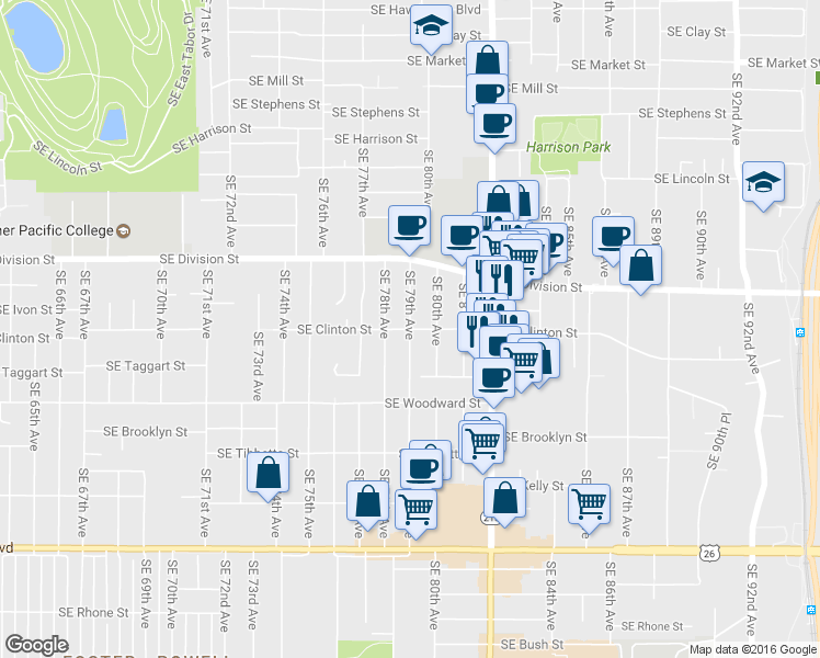 map of restaurants, bars, coffee shops, grocery stores, and more near SE Clinton St & SE 79th Ave in Portland