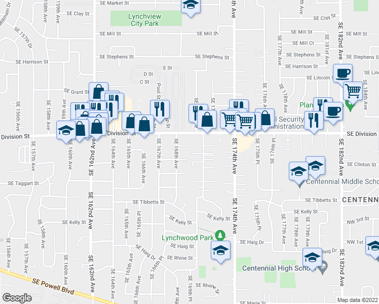 map of restaurants, bars, coffee shops, grocery stores, and more near 2631 Southeast 170th Avenue in Portland