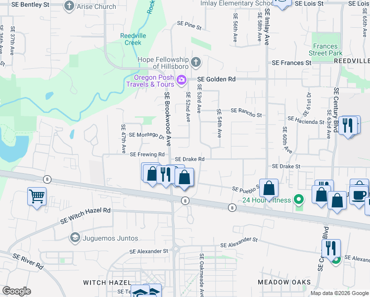 map of restaurants, bars, coffee shops, grocery stores, and more near 5180 Southeast Montego Street in Hillsboro