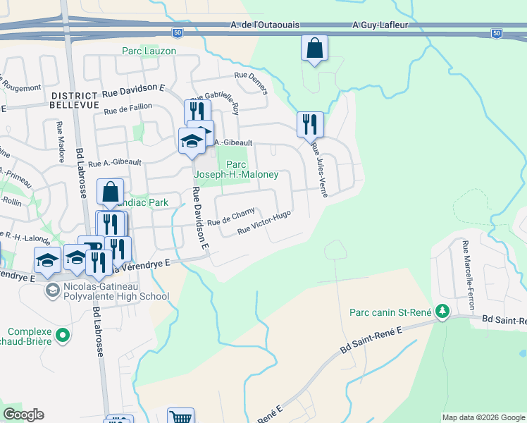 map of restaurants, bars, coffee shops, grocery stores, and more near 296 Rue de Charny in Gatineau