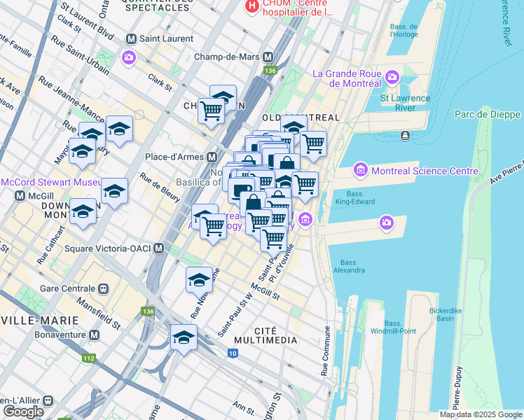 map of restaurants, bars, coffee shops, grocery stores, and more near 477 Saint Francois Xavier Street in Montreal