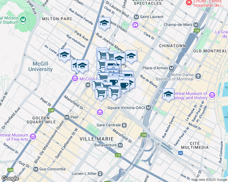 map of restaurants, bars, coffee shops, grocery stores, and more near 606 Rue Cathcart in Montreal