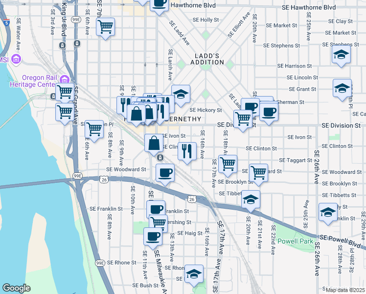 map of restaurants, bars, coffee shops, grocery stores, and more near 1430 SE Clinton St in Portland