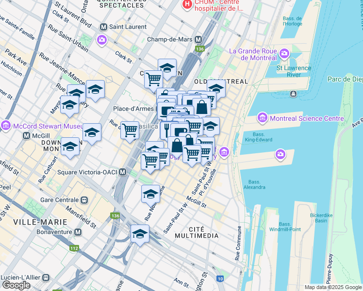 map of restaurants, bars, coffee shops, grocery stores, and more near 233 Rue Notre Dame Ouest in Montréal