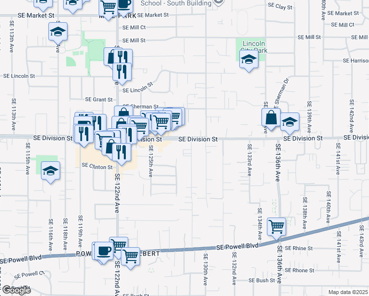map of restaurants, bars, coffee shops, grocery stores, and more near 12726 Southeast Division Street in Portland