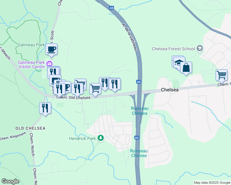 map of restaurants, bars, coffee shops, grocery stores, and more near 156 Chemin Old Chelsea in Chelsea