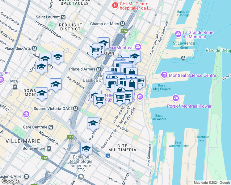 map of restaurants, bars, coffee shops, grocery stores, and more near 222 Rue Notre-Dame Ouest in Montréal