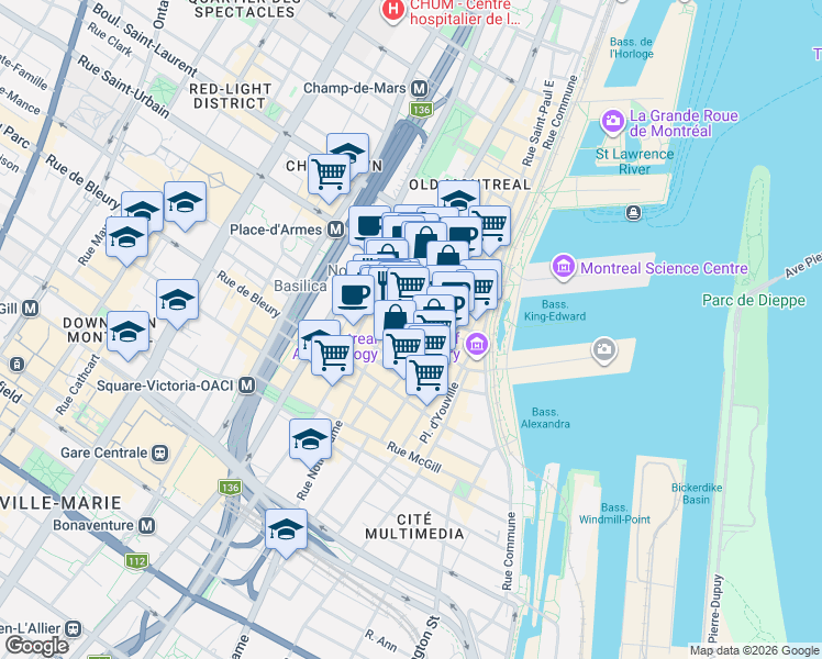 map of restaurants, bars, coffee shops, grocery stores, and more near 450 Rue Saint-François-Xavier in Montréal