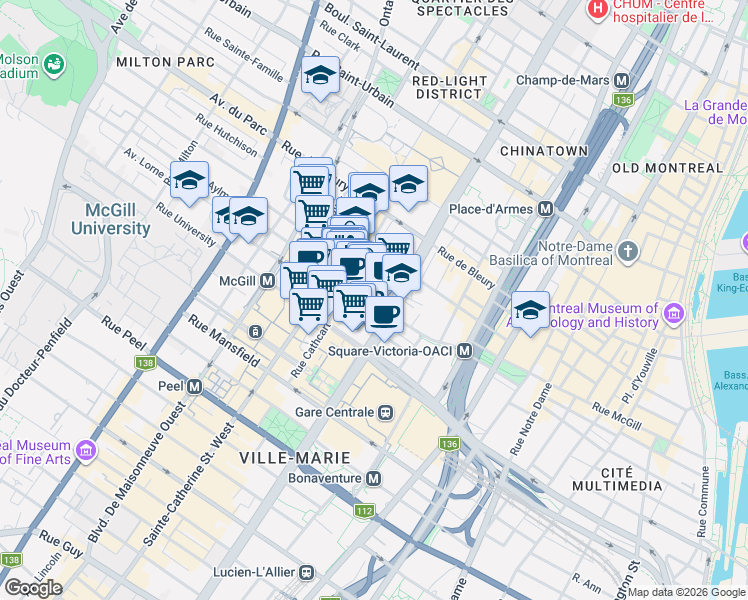 map of restaurants, bars, coffee shops, grocery stores, and more near 1205 Place Phillips in Montreal