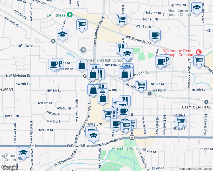 map of restaurants, bars, coffee shops, grocery stores, and more near 894 Northwest Mignonette Avenue in Gresham