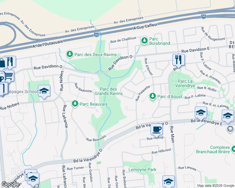 map of restaurants, bars, coffee shops, grocery stores, and more near 55 Rue de l'Orée-des-Bois in Gatineau