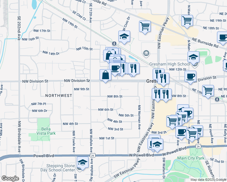 map of restaurants, bars, coffee shops, grocery stores, and more near 968 Northwest Division Street in Gresham
