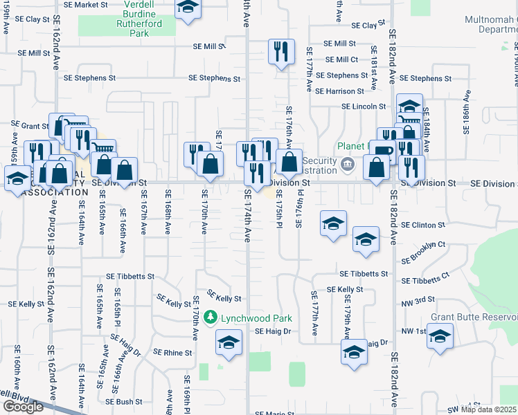 map of restaurants, bars, coffee shops, grocery stores, and more near 17420 Southeast Division Street in Portland