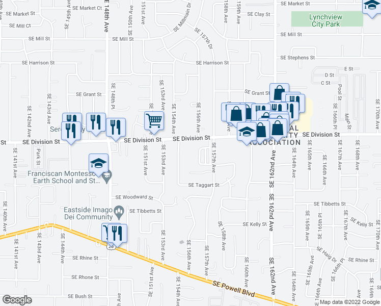 map of restaurants, bars, coffee shops, grocery stores, and more near 15512 Southeast Division Street in Portland