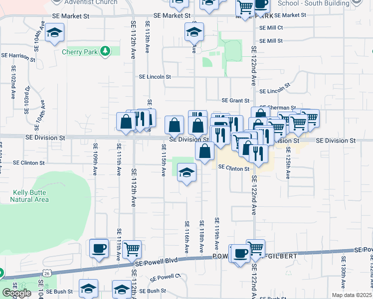 map of restaurants, bars, coffee shops, grocery stores, and more near 11612-11622 Southeast Division Street in Portland