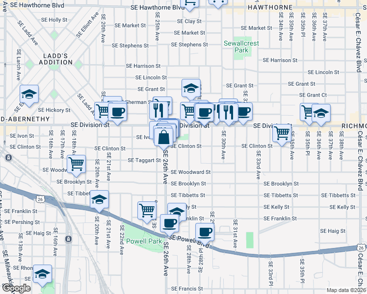 map of restaurants, bars, coffee shops, grocery stores, and more near 2715 Southeast Clinton Street in Portland