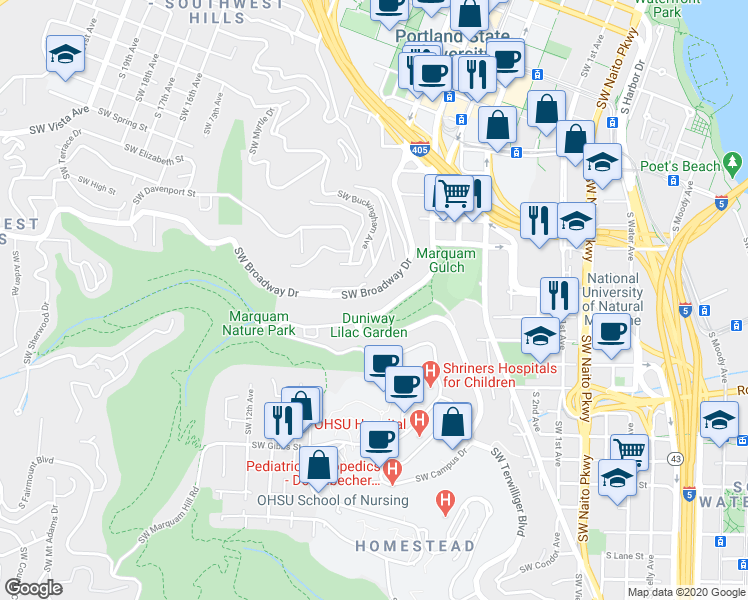 map of restaurants, bars, coffee shops, grocery stores, and more near 835 Southwest Broadway Drive in Portland