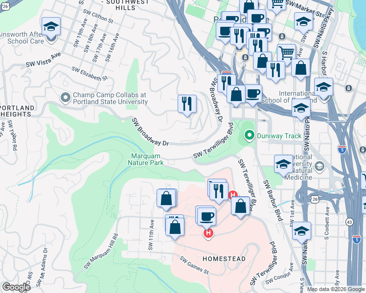 map of restaurants, bars, coffee shops, grocery stores, and more near 855 Southwest 9th Avenue in Portland