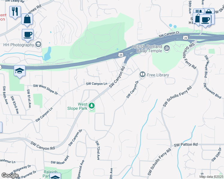 map of restaurants, bars, coffee shops, grocery stores, and more near 6900 Southwest Canyon Drive in Portland