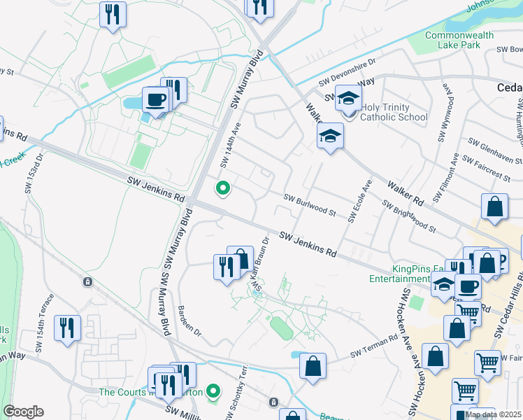 map of restaurants, bars, coffee shops, grocery stores, and more near 14055 Southwest Meridian Street in Beaverton