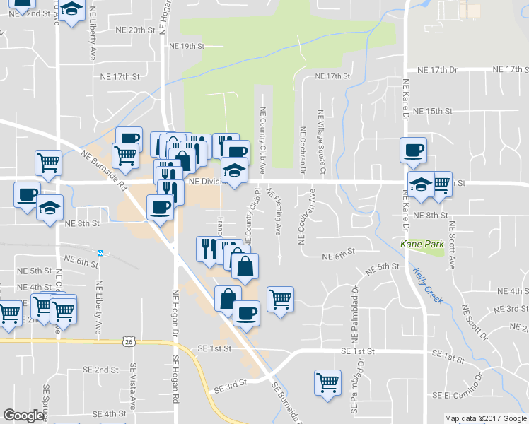 map of restaurants, bars, coffee shops, grocery stores, and more near 810A Northeast Country Club Avenue in Gresham