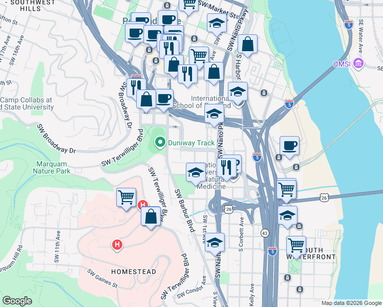 map of restaurants, bars, coffee shops, grocery stores, and more near 2709 Southwest 2nd Avenue in Portland