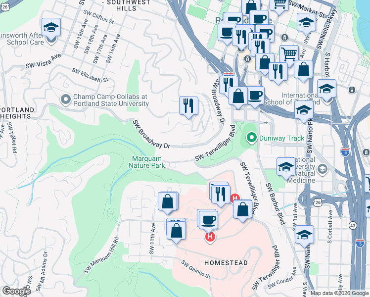 map of restaurants, bars, coffee shops, grocery stores, and more near 855 Southwest 9th Avenue in Portland
