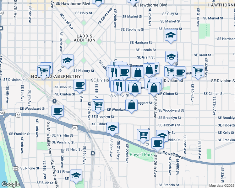 map of restaurants, bars, coffee shops, grocery stores, and more near 2039 Southeast Clinton Street in Portland