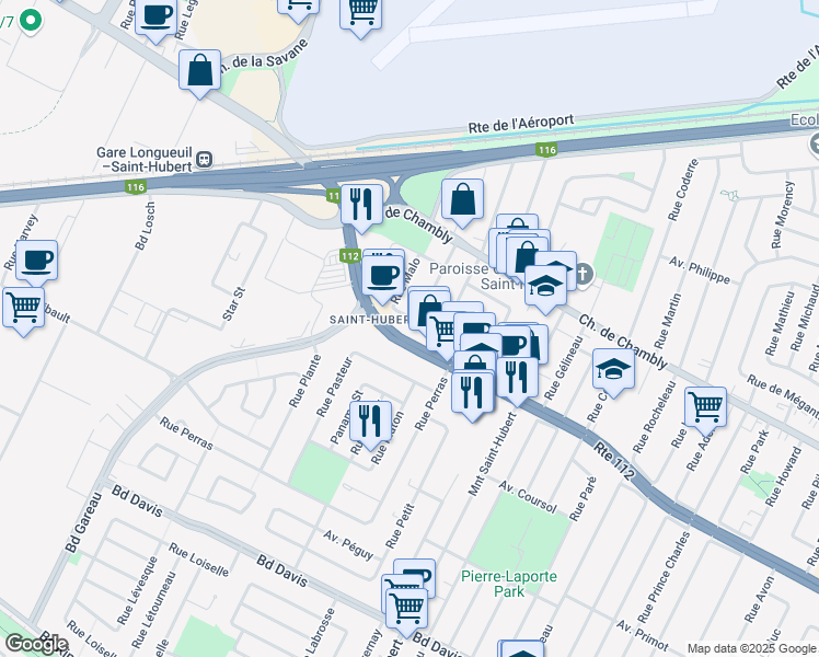 map of restaurants, bars, coffee shops, grocery stores, and more near 5060 Boulevard Cousineau in Longueuil