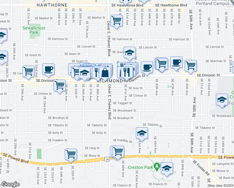 map of restaurants, bars, coffee shops, grocery stores, and more near 3945 Southeast Clinton Street in Portland