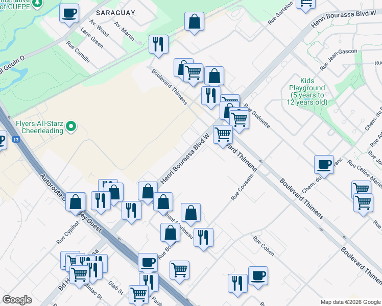 map of restaurants, bars, coffee shops, grocery stores, and more near 7900 Henri Bourassa Boulevard West in Montreal