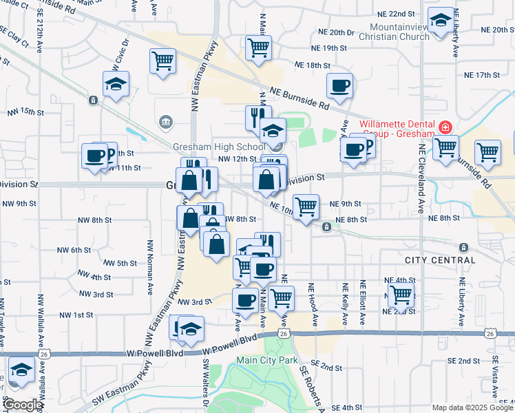map of restaurants, bars, coffee shops, grocery stores, and more near 60 Northwest Division Street in Gresham