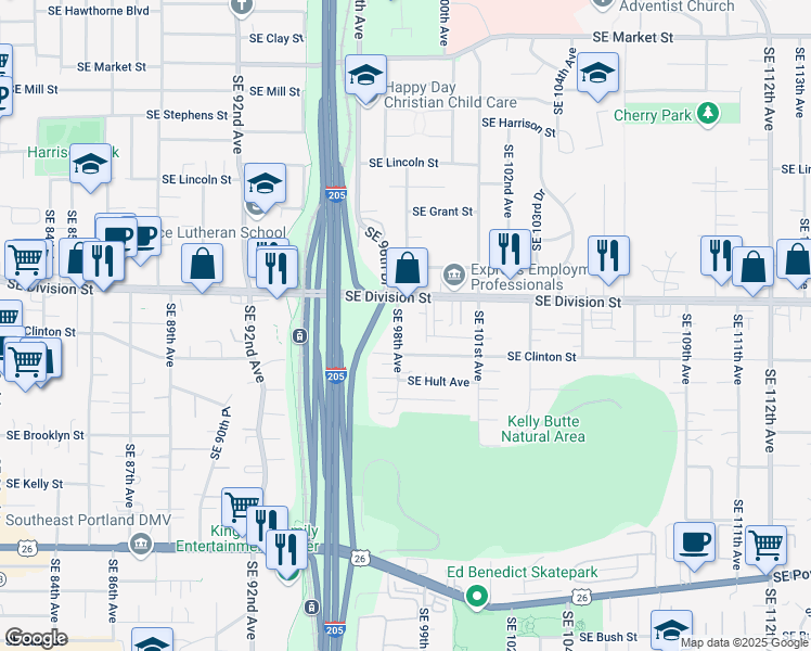 map of restaurants, bars, coffee shops, grocery stores, and more near 9850 Southeast Division Street in Portland