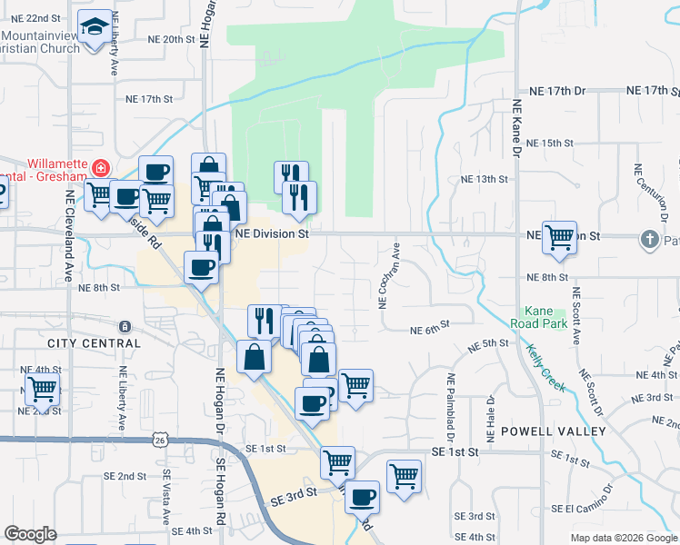 map of restaurants, bars, coffee shops, grocery stores, and more near 863 Northeast Fleming Avenue in Gresham