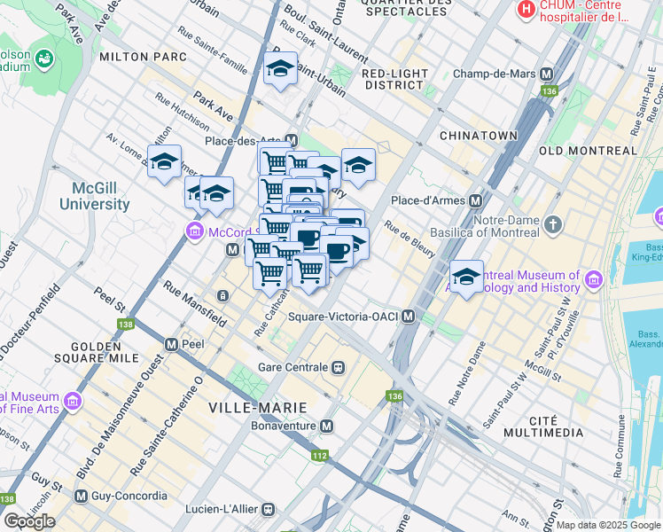 map of restaurants, bars, coffee shops, grocery stores, and more near 1221 Avenue Union in Montréal