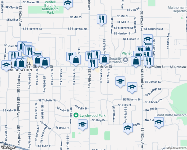 map of restaurants, bars, coffee shops, grocery stores, and more near 17420 Southeast Division Street in Portland