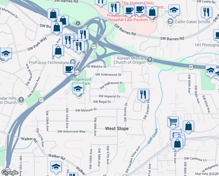 map of restaurants, bars, coffee shops, grocery stores, and more near 9720 Southwest Inglewood Place in Portland