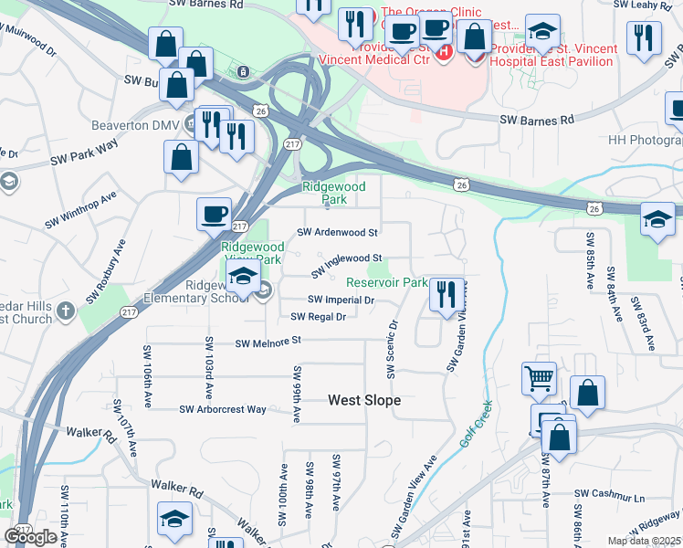 map of restaurants, bars, coffee shops, grocery stores, and more near 9720 Southwest Inglewood Place in Portland