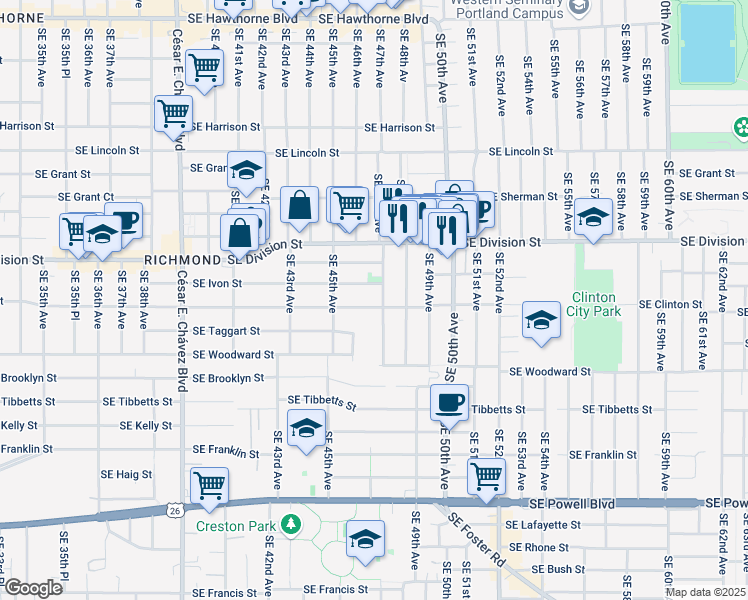 map of restaurants, bars, coffee shops, grocery stores, and more near in Portland